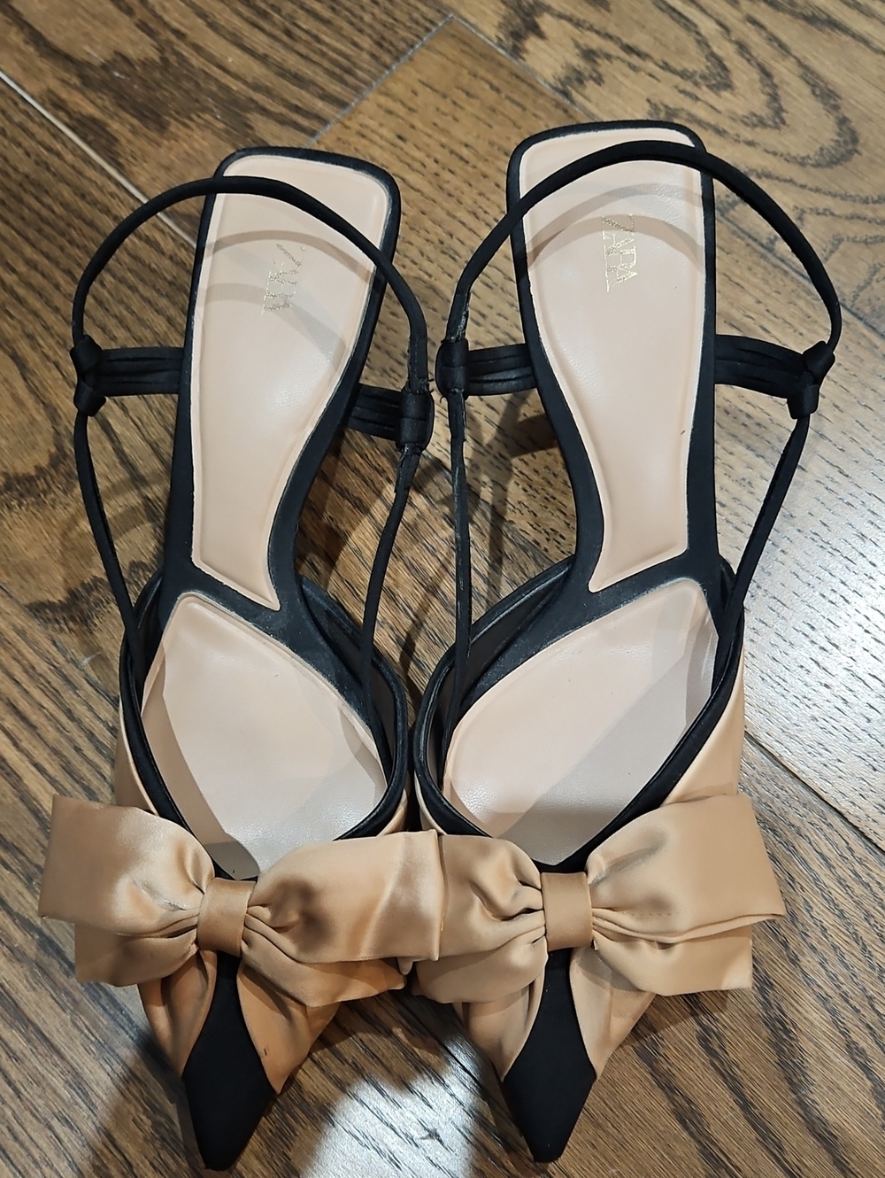 Zara Black Slingback Heels with Champagne Bow